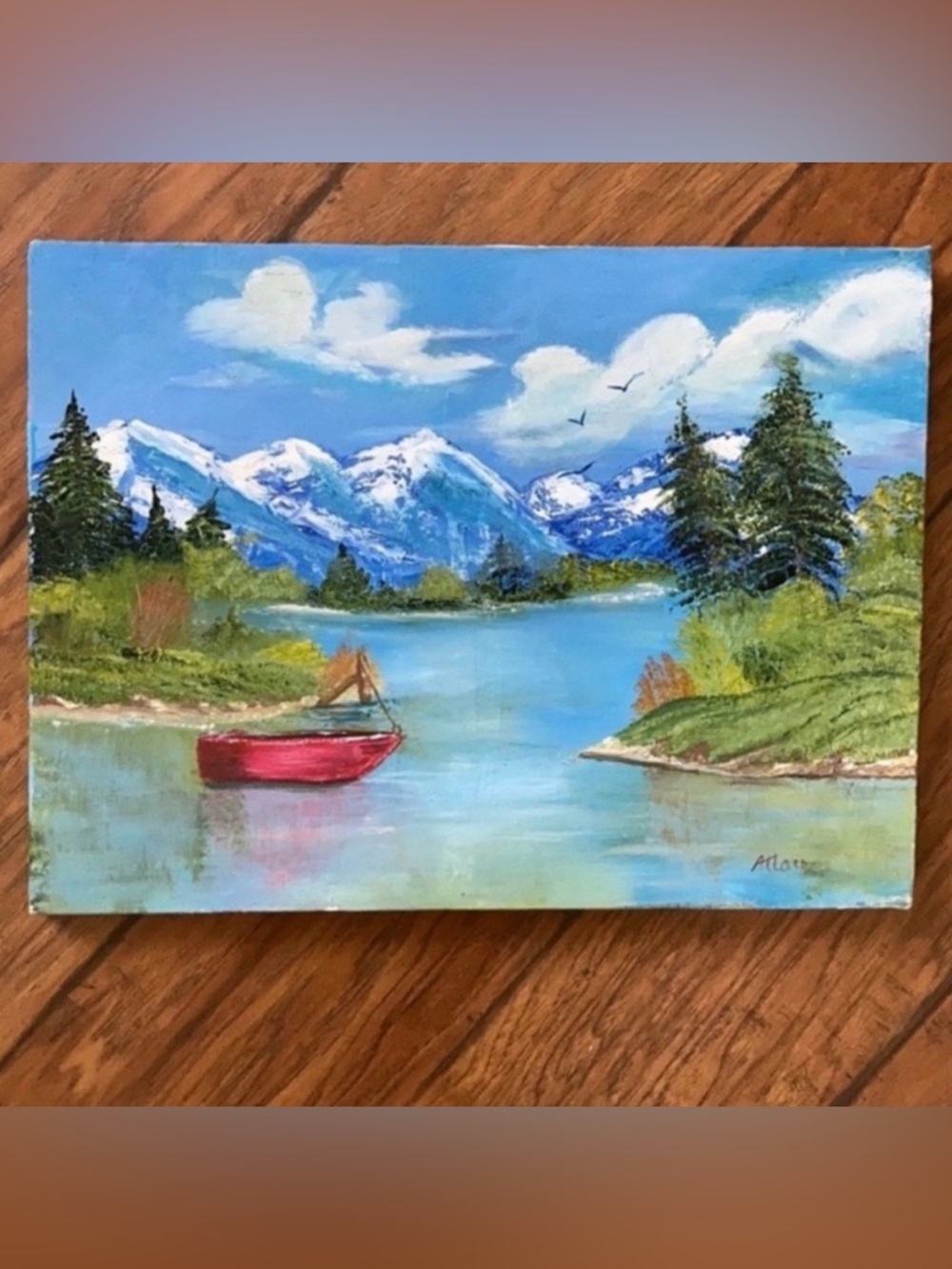 Handmade Scenic Mountain Lake pine trees Art painting red canoe 12”x16” original